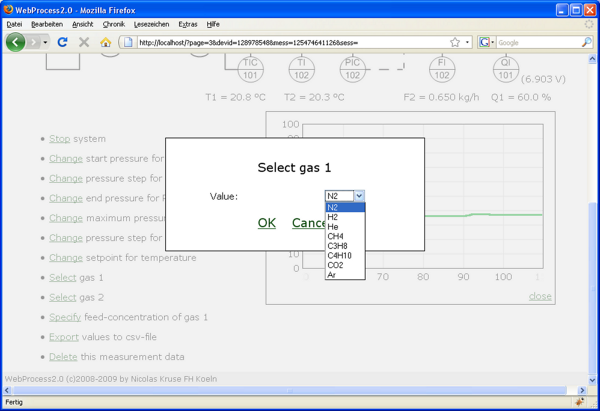 User Interface of the Plant, Gas Selection
